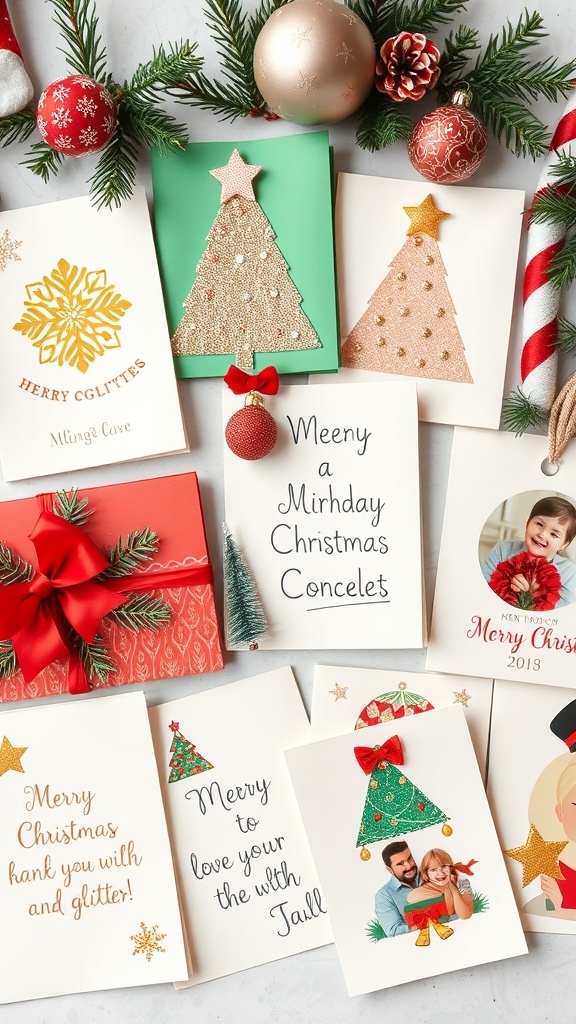 A collection of creative Christmas cards with festive designs and decorations.